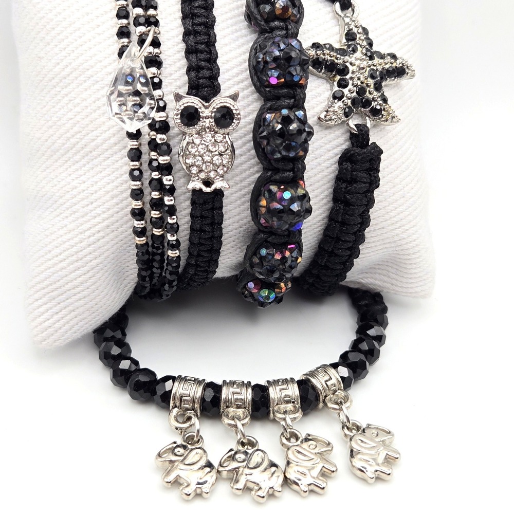 5pc Black Macrame Beaded Bracelet Set Owl Starfish Elephant Charms Silver Tone